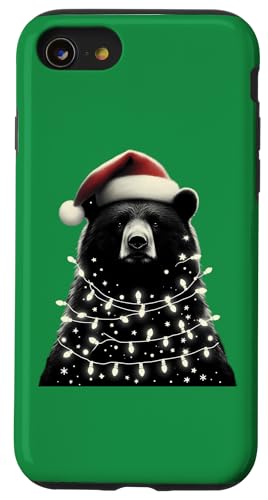 Hülle für iPhone SE (2020) / 7 / 8 Dunkler Bär mit Weihnachtsmütze und Weihnachtsbeleuchtung von Dark Bear With Santa Hat And Christmas Products