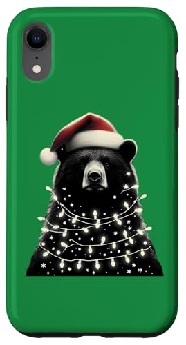 Hülle für iPhone XR Dunkler Bär mit Weihnachtsmütze und Weihnachtsbeleuchtung von Dark Bear With Santa Hat And Christmas Products