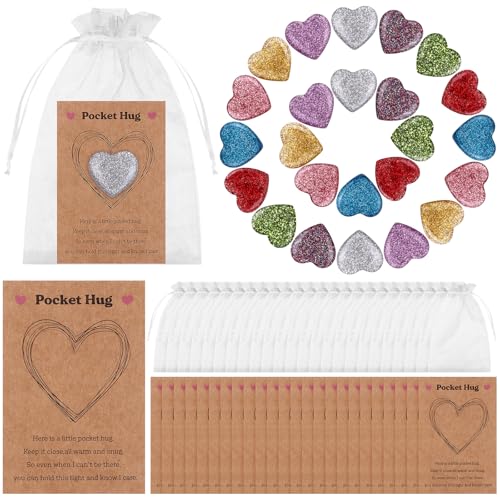 96 Sets Pocket Hug Token Bulk Natürliche Herzkristalle mit Umarmungskarten und Organzabeuteln, Pocket Hug Heart Stones Inspirierende Grußkarten, Austauschgeschenk für Frauen, Freunde, Kollegen, von DatingShiny