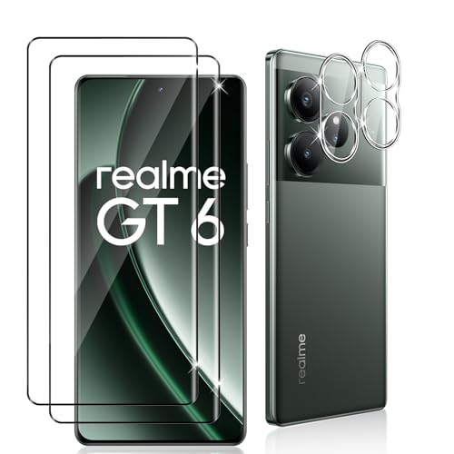 Datree 2 Stück für Panzerglas für Realme GT 6/ Realme GT 6T und 2 Stück Kameraschutz, 9H Härte 3D Hartglas, Anti-Kratz Panzerfolie, Bläschenfrei Schutzfolie, HD Displayschutz Folie von Datree