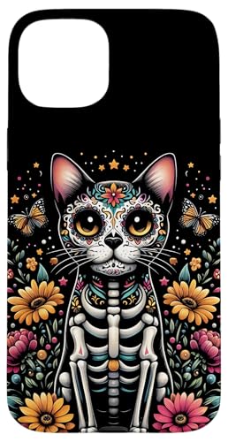 Hülle für iPhone 15 Plus Floral Cat Lover Dia De Los Muertos, Kurzhaar-Katze von Day of the Dead Domestic Shorthair Cat Apparel Co.