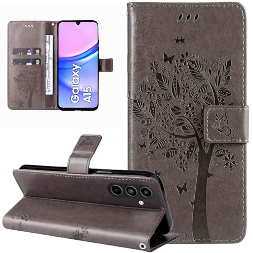 Dcjlbo Hülle für Samsung Galaxy A15 5G/4G Handyhülle mit Kartenfach Motiv Muster Blumen Hülle Leder Klappbar Klapphülle Cover Flip Case Handytasche Schutzhülle für Samsung Galaxy A15 5G/4G-Grau von Dcjlbo