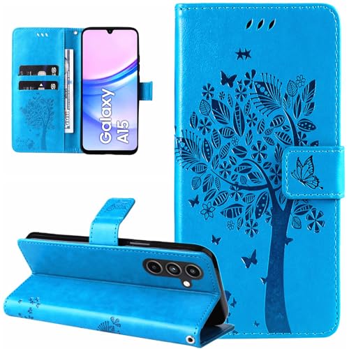 Dcjlbo Hülle für Samsung Galaxy A15 5G/4G Handyhülle mit Kartenfach Motiv Muster Blumen Hülle Leder Klappbar Klapphülle Cover Flip Case Handytasche Schutzhülle für Samsung Galaxy A15 5G/4G-Blau von Dcjlbo