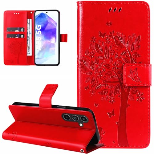 Dcjlbo Hülle für Samsung Galaxy A55 5G Handyhülle mit Kartenfach Motiv Muster Blumen Hülle Leder Klappbar Klapphülle Cover Flip Case Handytasche Magnet Schutzhülle für Samsung Galaxy A55 5G-Rot von Dcjlbo