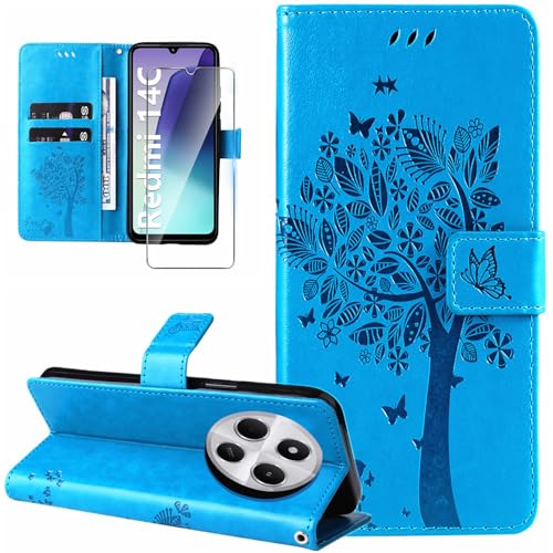 Dcjlbo Hülle für Xiaomi Redmi 14C Handyhülle mit Panzerglas Kartenfach Motiv Muster Hülle Leder Klappbar Klapphülle Cover Flip Case Handytasche Magnet Schutzhülle für Xiaomi Redmi 14C-Blau von Dcjlbo