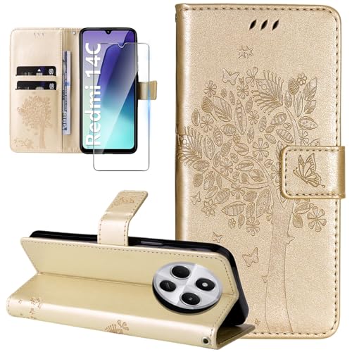 Dcjlbo Hülle für Xiaomi Redmi 14C Handyhülle mit Panzerglas Kartenfach Motiv Muster Hülle Leder Klappbar Klapphülle Cover Flip Case Handytasche Magnet Schutzhülle für Xiaomi Redmi 14C-Gold von Dcjlbo