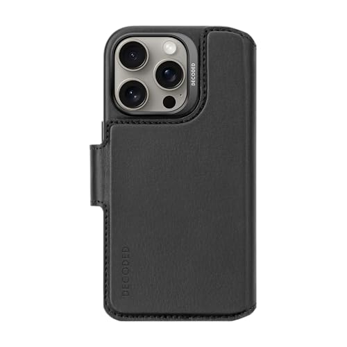 DECODED 2 in 1 Leder Abnehmbare Wallet Case für iPhone 16 Pro, MagSafe kompatibel, echtes Premium ECCO Leder, Ganzkörper-Schutzhülle, erhöhte Kanten zum Schutz von Bildschirm und Kamera, Schwarz von Decoded