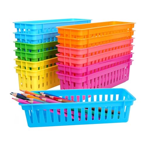 Decqerbe 12er-Pack Bleistift-Organizer-Körbe, Schreibtisch-Aufbewahrung in Regenbogenfarben für Kinder, Halter für Unterrichtsmaterial für die Schule von Decqerbe