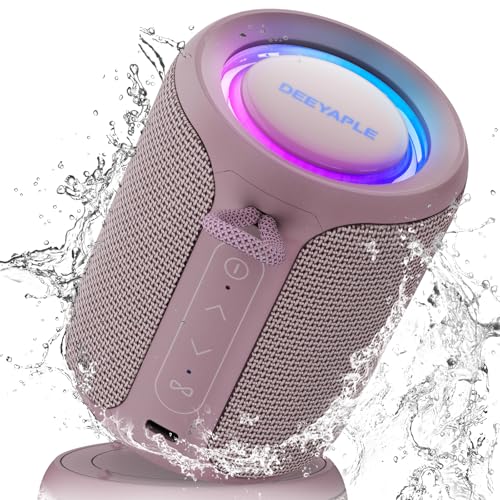 Deeyaple Bluetooth Lautsprecher Klein Tragbarer Musikbox 5.3 IPX7 Wasserdicht Kabellose Stereo Pairing Freisprech RGB Licht für Outdoor Camping Garten Party Reise (Rosarot) von Deeyaple