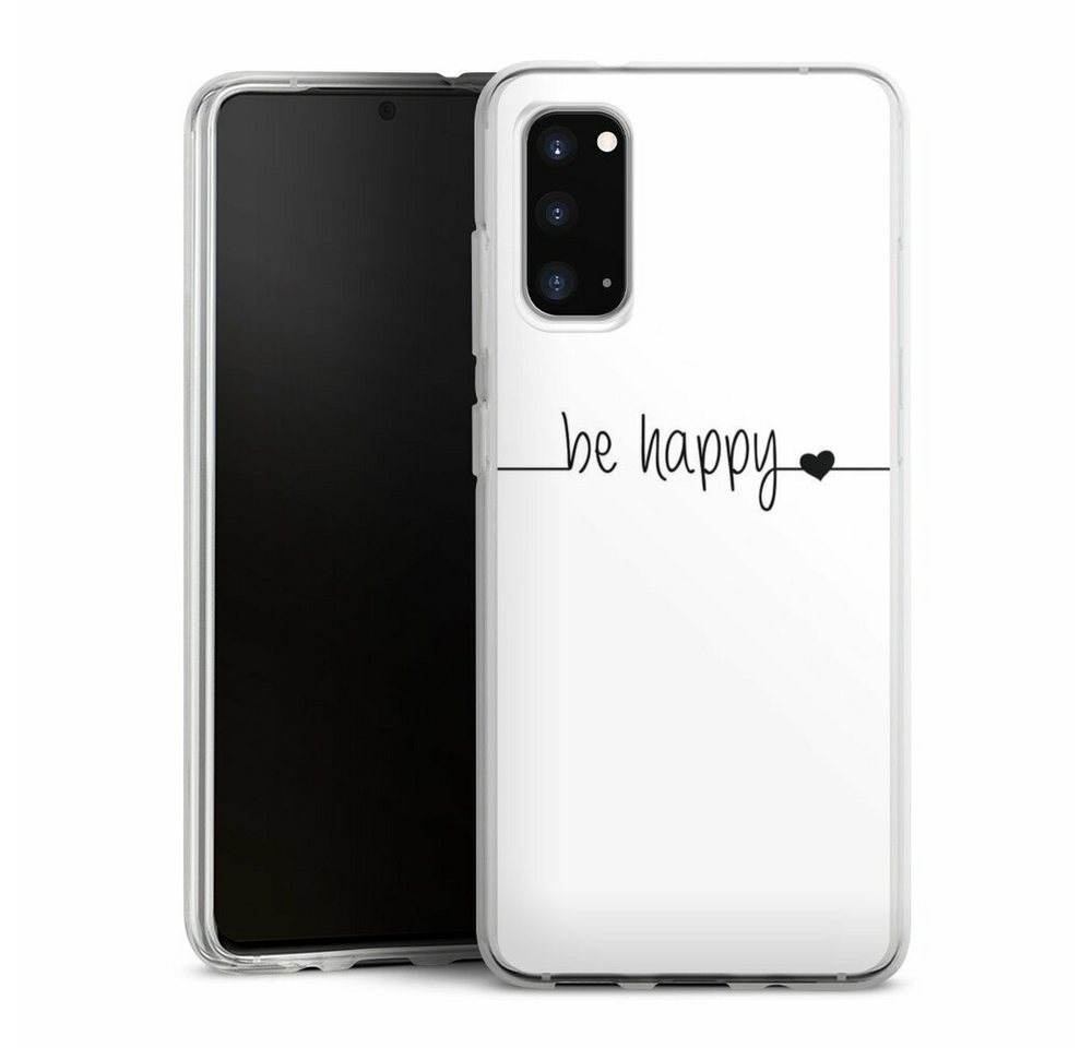 DeinDesign Handyhülle Statement Sprüche Glück Be Happy weisser Hintergrund, Samsung Galaxy S20 Silikon Hülle Bumper Case Handy Schutzhülle von DeinDesign