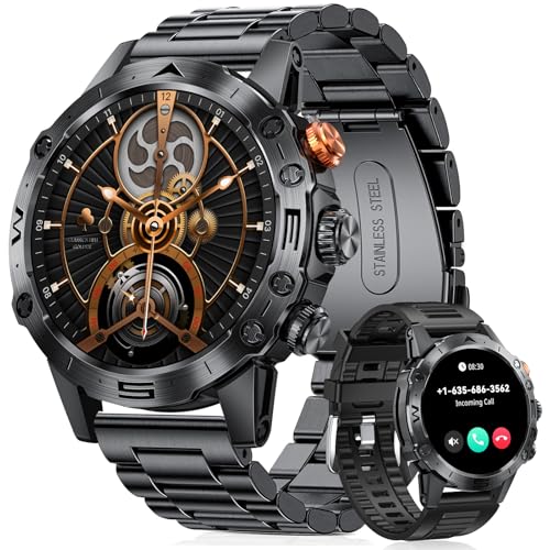 DekeFit Militär Smartwatch Herren mit Telefonfunktion, Lange Akkulaufzeit, IP68 Wasserdicht, 1.53'' IPS Touchscreen 120+ Sportmodi Outdoor Fitnessuhr, Herzfrequenz, Schlafmonitor, Android iOS Schwarz von DekeFit