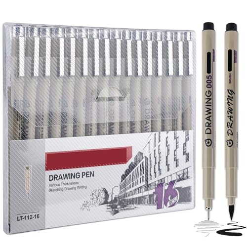 Fineliner Schwarz Set, 16 Stück Fineliner Set Schwarz mit 16 Verschiedene Linienbreiten, Micron Fineliner Stifte, Schwarzer Filzstiften set, stabilo fineliner schwarz, Wasserfest Tuschestift von Delamiya