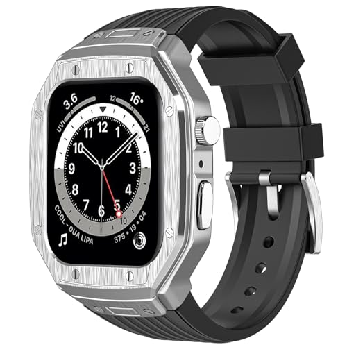 Delidigi Männer Rugged Metall Schutzhülle mit TPU Armband Kompatibel mit Apple Watch Serie 9/8/7(45mm) iWatch Serie 6/5/4/SE/SE2(44mm) - Silber von Delidigi