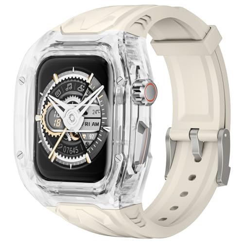 Delidigi Rugged Durchsichtige Schutzhülle mit TPU Armband Kompatibel mit Apple Watch Serie 9/8/7(45mm) iWatch Serie 6/5/4/SE/SE2(44mm)-Starlight von Delidigi