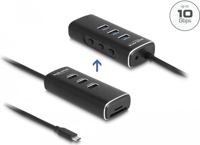 DeLOCK 3 Port USB 10 Gbps Hub inklusive SD und Micro SD Card Reader mit USB Type-C Anschluss 60 cm Kabel und Schalter für jeden Port - USB 3.2 Gen 1 (3.1 Gen 1) Type-C - USB 3.2 Gen 1 (3.1 Gen 1) Type-A - MicroSD (TransFlash) - MicroSDHC - MicroSDXC - SD - SDHC - SDXC - 10000 Mbit/s - Schwarz - Metall (64234) von Delock