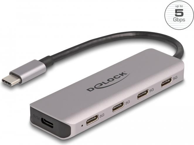 DeLOCK USB 5 Gbps 4 Port USB Type-C� Hub mit USB Type-C� Anschluss - USB 3.2 Gen 1 (3.1 Gen 1) Type-C - USB 3.2 Gen 1 (3.1 Gen 1) Type-C - 5000 Mbit/s - Grau - Metall - Rundkabel (64238) von Delock