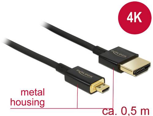 Delock HDMI Anschlusskabel HDMI-A Stecker, HDMI-Micro-D Stecker 0.50m Schwarz 84788 vergoldete Steck von Delock