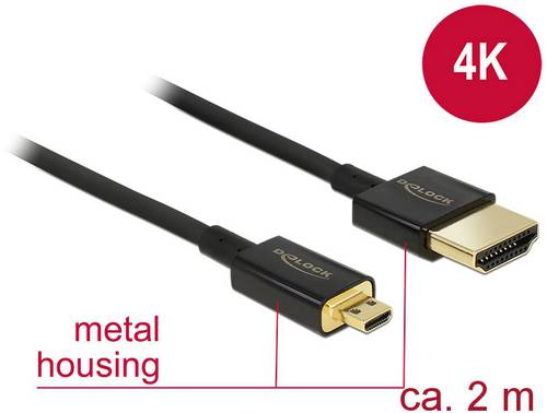 Delock HDMI Anschlusskabel HDMI-A Stecker, HDMI-Micro-D Stecker 2.00m Schwarz 84783 vergoldete Steck von Delock