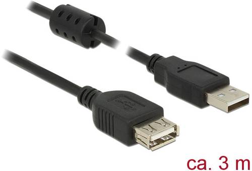 Delock USB-Kabel USB 2.0 USB-A Stecker, USB-A Buchse 3.00m Schwarz mit Ferritkern 84886 von Delock