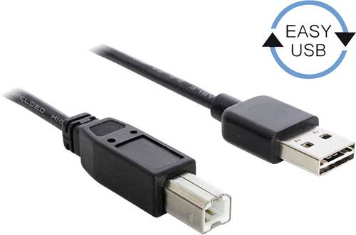 Delock USB-Kabel USB 2.0 USB-A Stecker, USB-B Stecker 1.00m Schwarz beidseitig verwendbarer Stecker, von Delock