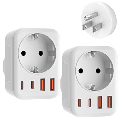 2 Pack USA Adapter Steckdose, 5-In-1 Adapter USA Deutschland Stecker mit 1 AC 2 USB-C 2 USB-A (3.4A), 3750W Reiseadapter USA Adapter, EU to US Adapter für Amerika Kanada Thailand Mexiko (White/Typ B) von Denlane