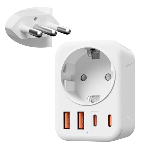 Denlane Adapter Italien Steckdose, 5 in 1 Reiseadapter Italien mit 1 AC & 2 USB-C & 2 USB-A(3.4A), 3-Polig Italien Stecker Adapter für Chile, Uruguay, Äthiopien, Eritrea, Syrien, Reisestecker Typ L von Denlane