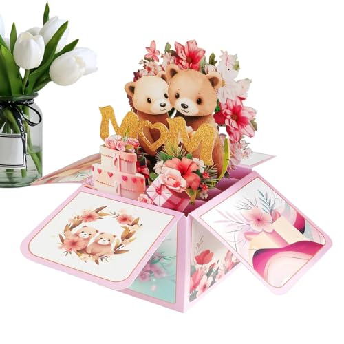 Deojtga 3D-Pop-Up-Blumenkarten – Kreative Blumenbär Bild Papier Pop-Up-Karten – Grußkarten mit exquisiter Handwerkskunst für Mutter Schwester von Deojtga