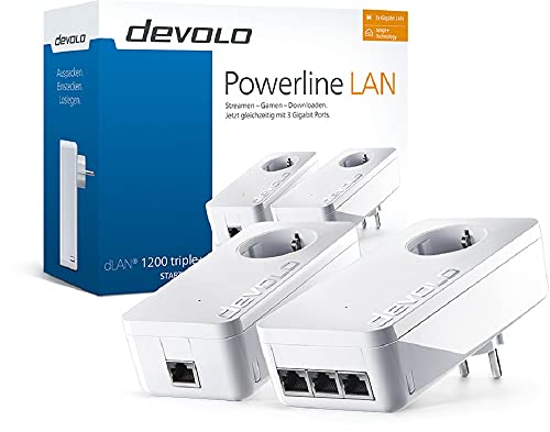 Devolo dLAN 1200 triple+ Powerline Starter Kit, 1200 Mbit/s Internet über die Steckdose, 3x Gigabit Ports, 2x Powerlan Adapter, integrierte Steckdose, PLC Netzwerkadapter, weiß von Devolo