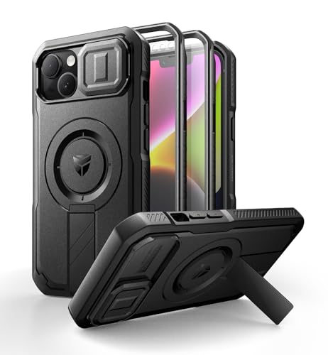 Dexnor Kompatibel mit iPhone 13/14 Hülle mit Kameraabdeckung Schieben & Einstellbarer Kickstand & Integrierter Displayschutz, Robuste stoßfeste Bumper Heavy Duty Mangetic Schutzhülle - Schwarz von Dexnor