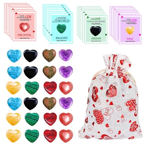 Valentine's Day Cards For Kids, 24pack Valentines Day Greeting Cards, Valentines Day Gift For Kids, School Class Classroom Valentines Day Cards Gift With Cloth Bag & 24pcs Colorful Heart Shaped Rock von Dgayaeic