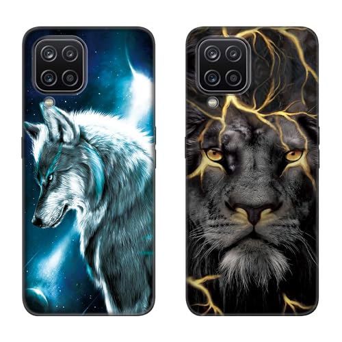 DiaryTown 2 Pack für Samsung A12 / M12 Hülle, Ultra Dünn Silikon Bumper Schutzhülle Stoßfest mit Muster Motiv Schwarz Handyhüllen Weich TPU Cover für Galaxy A12 / M12 - Wolf & Löwe von DiaryTown