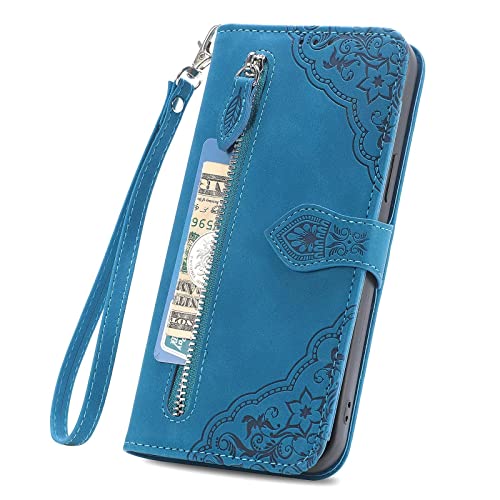 Didan Retro Reißverschluss Handyhülle für Samsung Galaxy M53 5G Blume Hülle Leder Handytasche Cover mit 7 Kartenfächer Standfunktion Geldbörse Brieftasche Flip Case von Didan