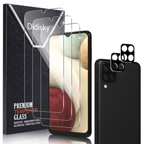 Didisky 3 + 2 Stück Displayschutzfolie für Samsung Galaxy A12, 3 Stück gehärtetes Glas Displayschutzfolie mit 2 Stück Kameraobjektivschutz, 9H, einfach zu installieren, kratzfest, HD von Didisky