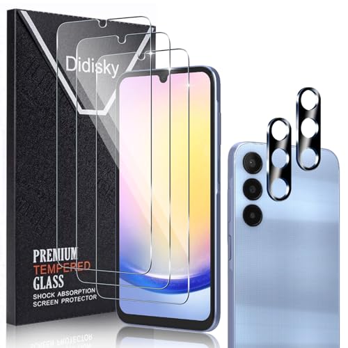 Didisky 3 + 2 Stück Displayschutzfolie für Samsung Galaxy A25, 3 Stück gehärtetes Glas Displayschutzfolie mit 2 Stück Kameraobjektivschutz, 9H, einfach zu installieren, kratzfest, HD von Didisky