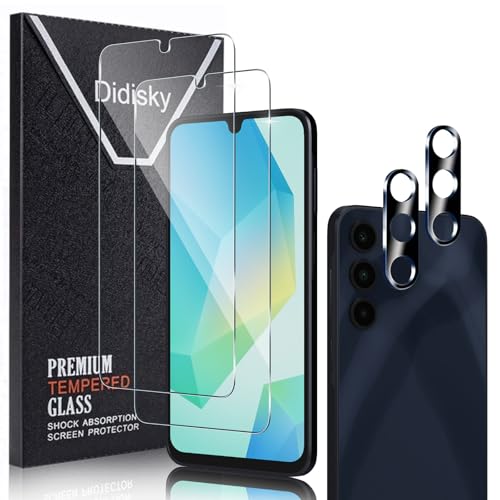 Didisky Displayschutzfolie für Samsung Galaxy A16, 2 Stück gehärtetes Glas, Displayschutzfolie mit 2 Kameralinsenschutz, 9H, einfach zu installieren, kratzfest, HD von Didisky