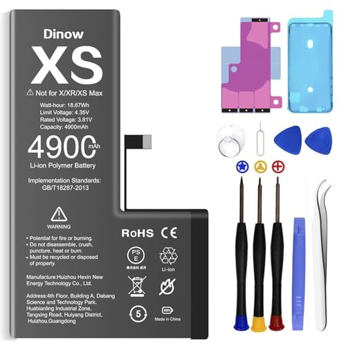 Dinow Akku für iPhone XS,4900mAh hohe Kapazität 0 Zyklus Ersatzakku Set für XS kompatibel mit Modell (A2097 A1920 A2100,A2098,A2099),Lithium-Ionen-Batterie für iPhone XS mit Reparaturwerkzeugen Kits von Dinow