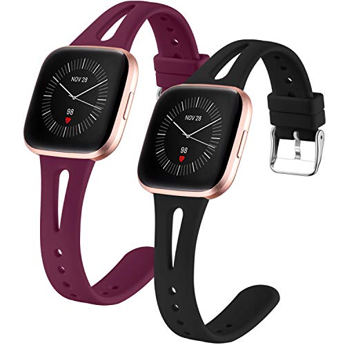 Dirrelo 2 Pack Armband Kompatibel mit Fitbit Versa/Fitbit Versa 2/Fitbit Versa Lite Armbänder, Schlank Atmungsaktives Silikon Ersatzarmband für Fitbit Versa SE Uhrenarmband, Schwarz+Wein S von Dirrelo