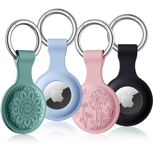 Dirrelo 4er Pack Airtag Anhänger Kompatibel mit Apple AirTags Schlüsselanhänger, Blumen Gravierte Silikon Airtag Hülle Case, Kratzfeste Airtag Halter für Air Tag Tracker mit Keychain Key Ring,A von Dirrelo