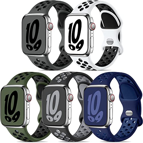 Dirrelo 5 Stück Sportarmband Kompatibel mit Apple Watch Armband 44mm 49mm 45mm 42mm, Weich Atmungsaktiv Silikonarmband für iWatch Series 9/8/Ultra/Ultra 2/7/SE/6/5/4/3/2/1, Dunkle Farbe E, L von Dirrelo