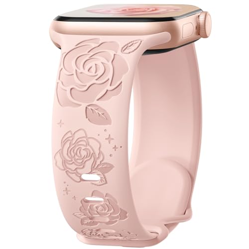 Dirrelo Floral Gravierte Armband Kompatibel mit Apple Watch Armband 40mm 41mm 38mm 42mm Damen, Doppeltönen Blumen Silikon Sportarmband für iWatch SE Armband Series 10 9 8 7 6 5 4 3 2 1,Hellrosa von Dirrelo