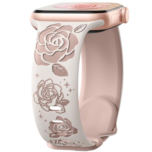 Dirrelo Floral Gravierte Armband Kompatibel mit Apple Watch Armband 40mm 41mm 38mm 42mm Damen, Doppeltönen Blumen Silikon Sportarmband für iWatch SE Armband Series 10 9 8 7 6 5 4 3 2 1,Sternenlicht von Dirrelo