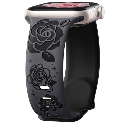 Dirrelo Floral Gravierte Armband Kompatibel mit Apple Watch Armband 40mm 41mm 38mm 42mm Damen, Doppeltönen Blumen Silikon Sportarmband für iWatch SE Armband Series 10 9 8 7 6 5 4 3 2 1,Kohle/Schwarz von Dirrelo