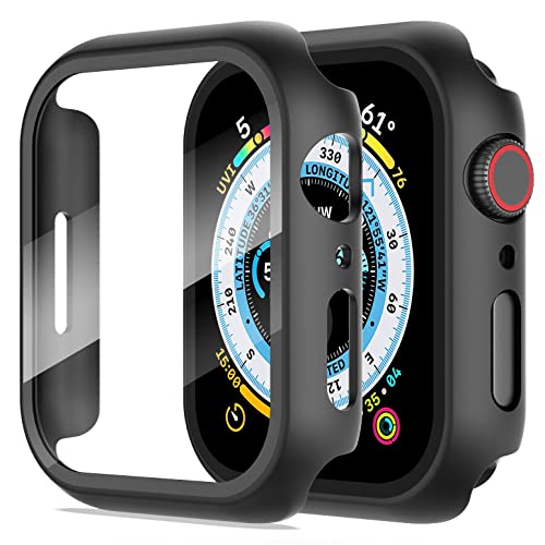 Diruite 2-Stück Hülle für Apple Watch Series 9/8/7 41mm Hartglas Schutzhülle Hard PC Ultradünne Glas Schutz Case Rundum Displayschutz,Schwarz,41MM von Diruite