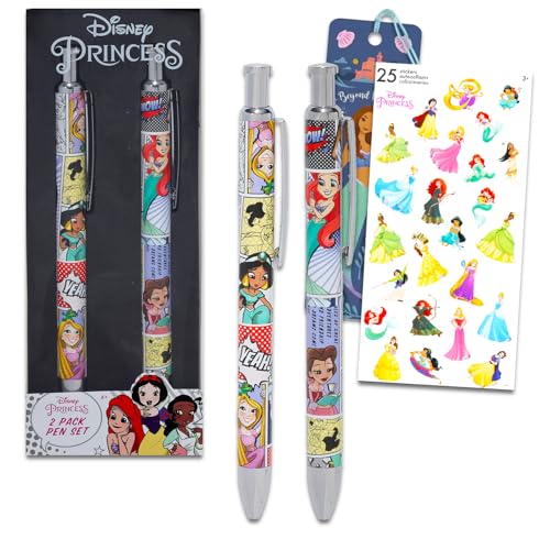 Disney Prinzessinnen-Stifte-Set – Paket mit 2 Prinzessin-Stiften mit Clip plus Aufklebern, Lesezeichen für Strumpffüller, Prinzessinnen-Schreibwaren, Geschenk, Bürobedarf von Disney