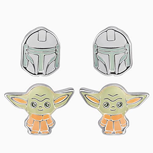 Disney 's Star Wars The Mandalorian The Child & Boba Fett Green, Orange and Grey Enamel Silver Plated Twin Pack Earring Set SF00246SL von Disney