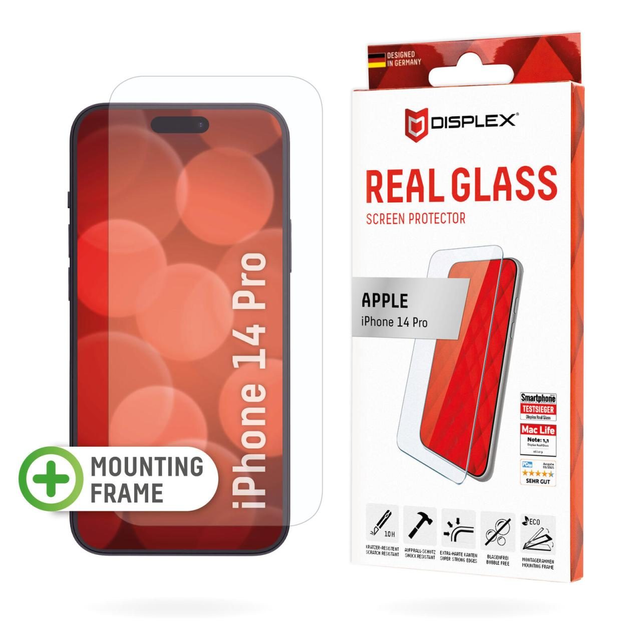 DISPLEX Panzerglas (10H, 2D) für Apple iPhone 14 Pro, Eco-Montagerahmen, krat... von Displex