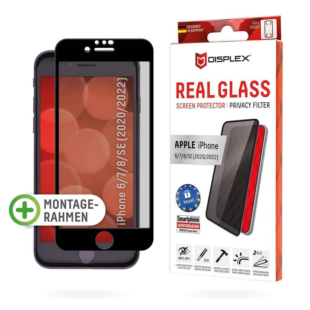 DISPLEX Privacy Full Cover Panzerglas (10H) für Apple iPhone 6/7/8/SE (2020/2022), 2-Wege Blickschutz-Filter von Displex