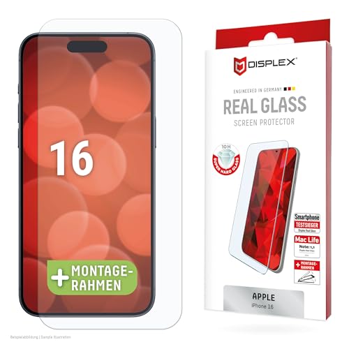 Displex Panzerglas 2D/ Clear (10H) für Apple iPhone 16, Eco-Montagerahmen, Tempered Glas, kratzer-resistente Schutzfolie, hüllenfreundlich von Displex