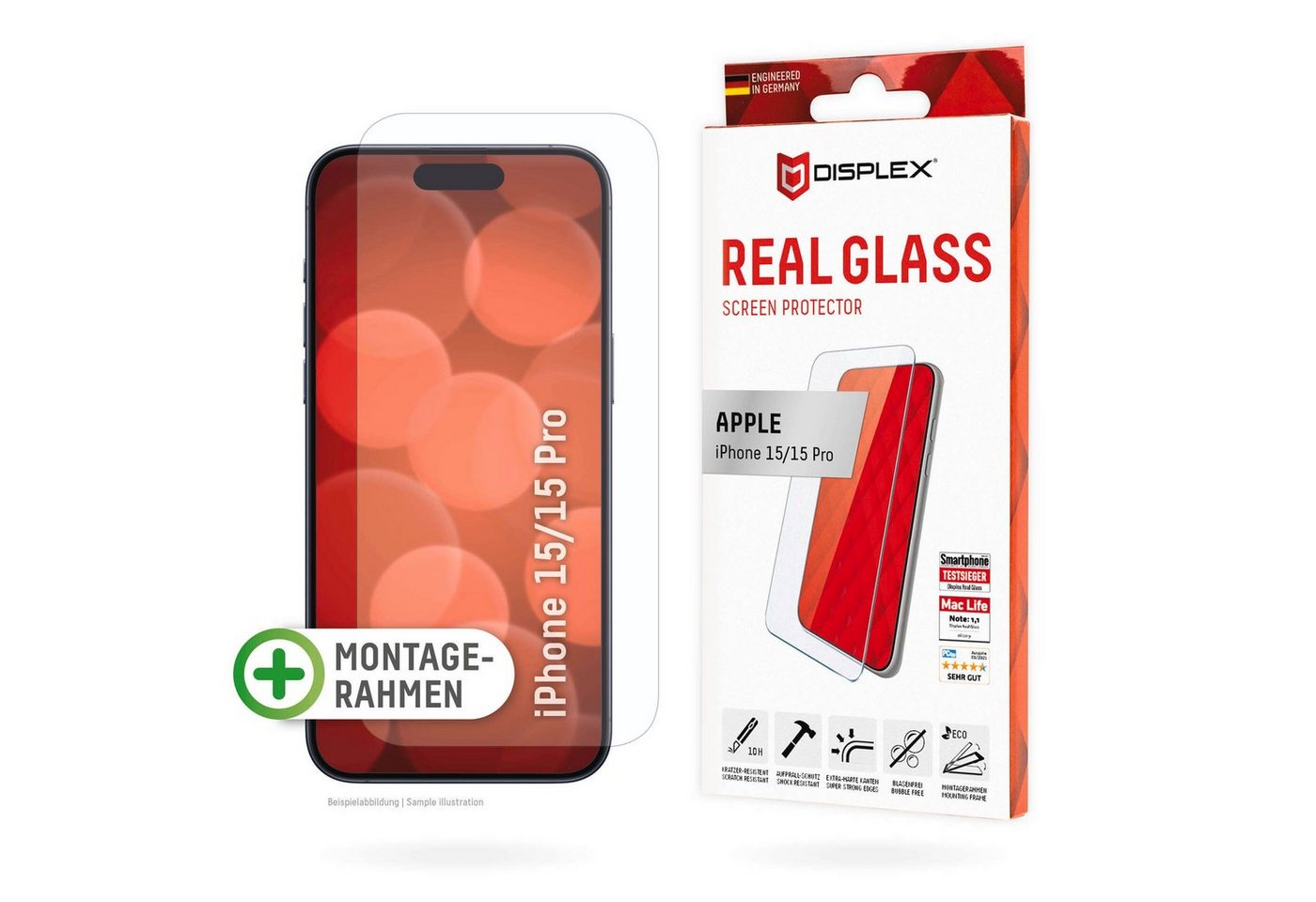 Displex Real Glass für Apple iPhone 15, Apple iPhone 15 Pro, Displayschutzglas, Displayschutzfolie Displayschutz kratzer-resistent 10H splitterfest von Displex