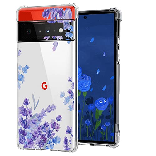 DiyGody Elegant Blumen Handyhülle Kompatibel mit Google Pixel 6 Pro 6,7 Zoll 2021, Transparente Weich Silikon TPU Schutzhülle mit Lavendel Muster für Mädchen, Ultra Dünn Anti-Rutsch Stoßfest Hülle von DiyGody